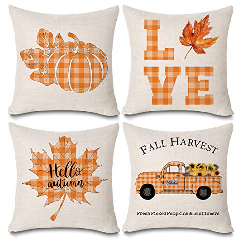 Faromily Buffalo Plaid Fall Pillow Covers 18x18 Pumpkin Patch Truck Quotes Fall Decor Throw Pillow Covers Set of 4 Autumn Farmhouse Thanksgiving Pillow Cases FR-Plaids 